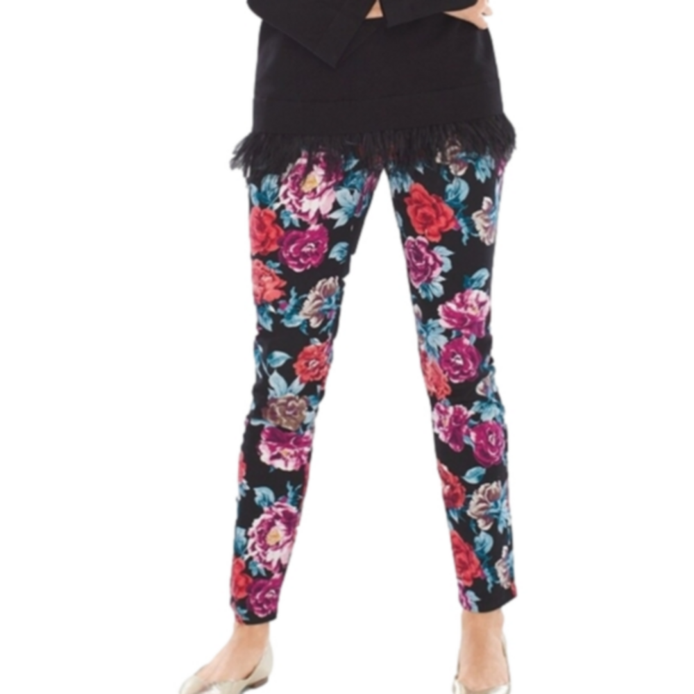 Chico's sateen black,‎ pink, and salmon floral stretch skinny jeans size 2